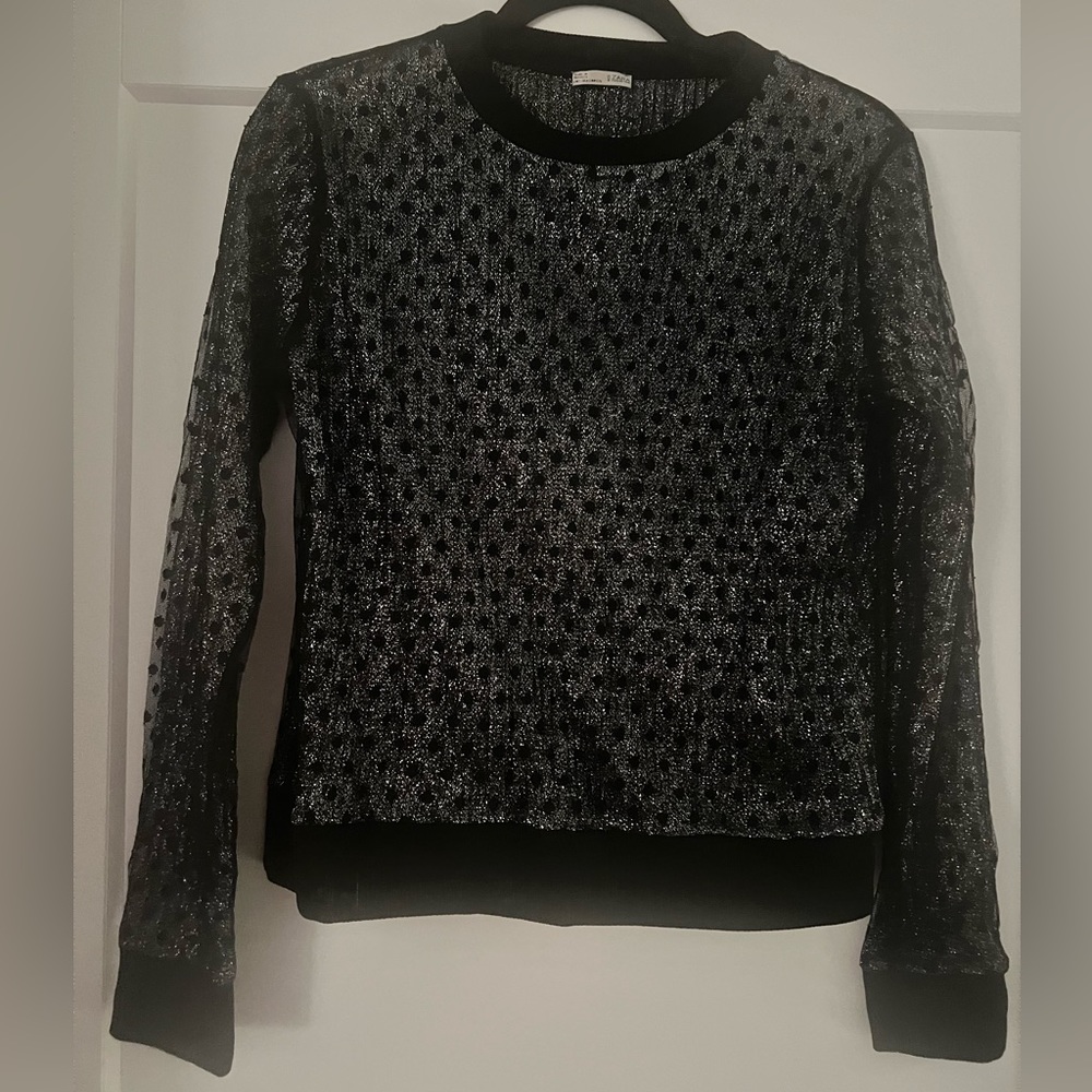 Zara Collection women’s silver sparkle black polka dot long sleeve shirt